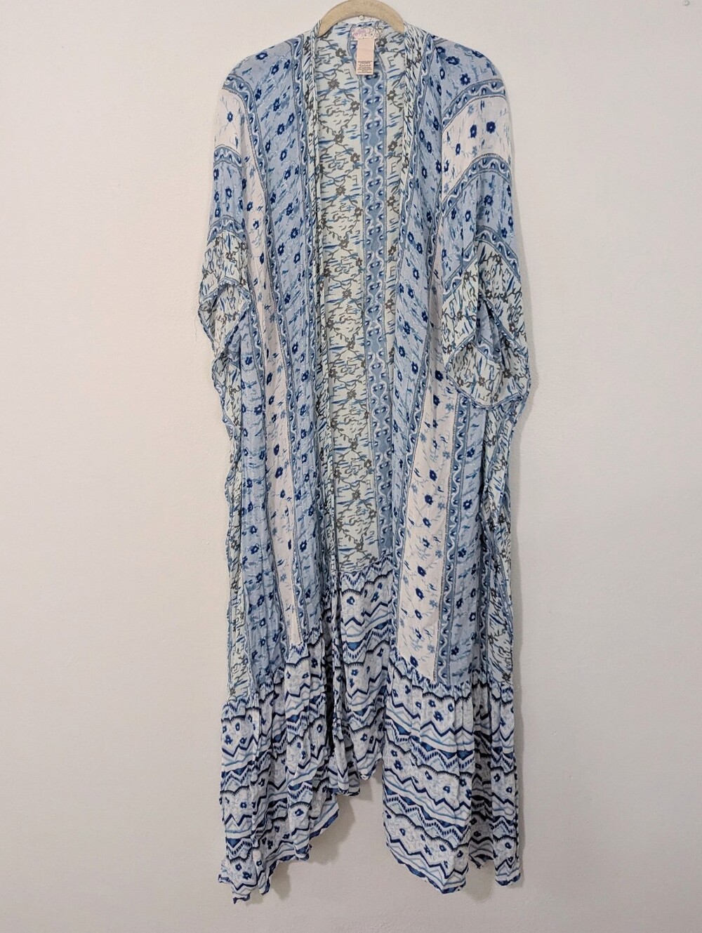 Free People Blue Sky Printed Kimono Longline Open Front Lightweight Blue OS